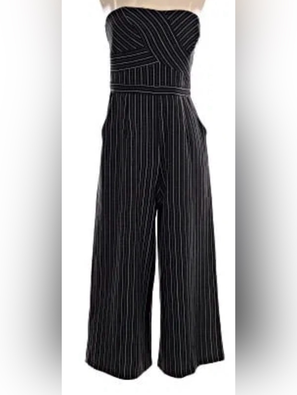 Greylin Black Pinstripe Strapless Wide-Leg Jumpsuit